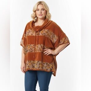 Dor Dor Couture Rust Orange Floral Poncho Cowl Neck Medium Sweater